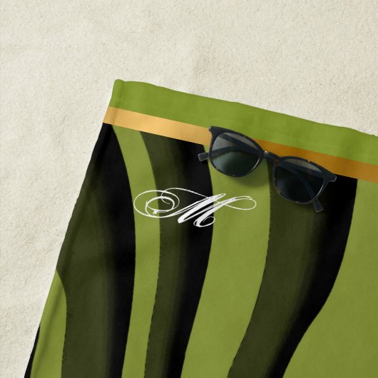 ラグジュアリーソフトグリーン金ゴールド3Dゼブラウェーブ ビーチタオル (インサイチュ)