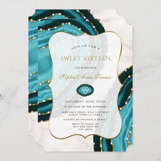 ラグジュアリーターコイズウォーターカラーアゲイツSweet sixteen 招待状 (正面/裏面)