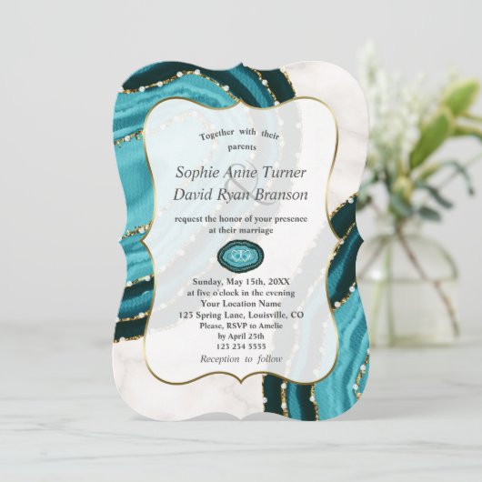 ラグジュアリーターコイズウォーターカラーアゲートパール結婚ズ 招待状 (スタンド正面)