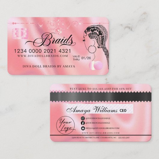ラグジュアリーダイヤモンドフォイルヘアブレイディングクレジットスタイルバス 名刺 (正面/裏面)