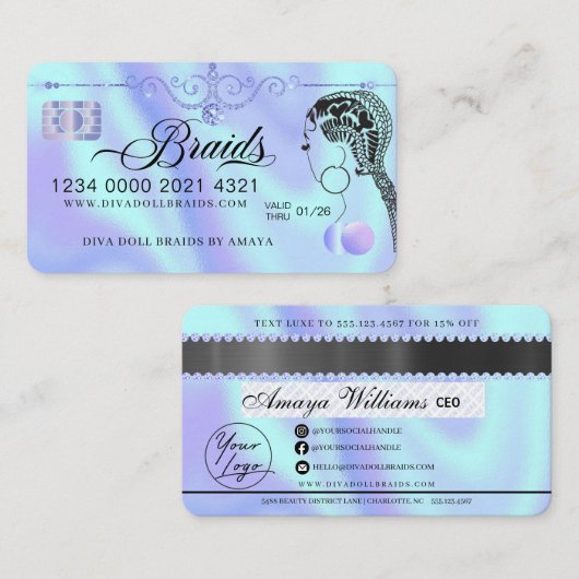 ラグジュアリーダイヤモンドフォイルヘアブレイディングクレジットスタイルバス 名刺 (正面/裏面)