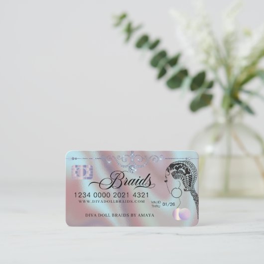 ラグジュアリーダイヤモンドフォイルヘアブレイディングクレジットスタイル 名刺 (スタンド正面)