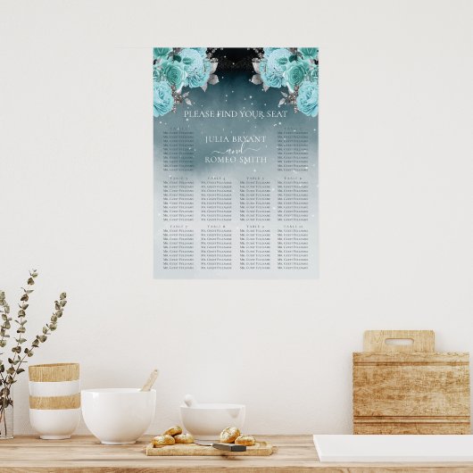 ラグジュアリーダスティブルー結婚フローラシーティングチャート ポスター (キッチン)