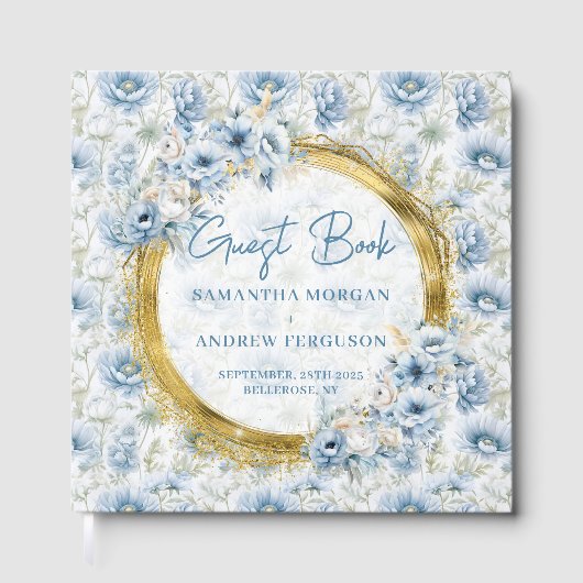 ラグジュアリーダスティブルー金ゴールドグリッター結婚ズゲストブック ゲストブック (正面)