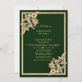 ラグジュアリーダークグリーン金ゴールドグリッター結婚フローラ 招待状 (正面)