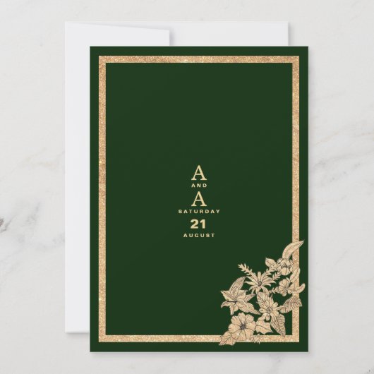 ラグジュアリーダークグリーン金ゴールドグリッター結婚フローラ 招待状 (裏面)