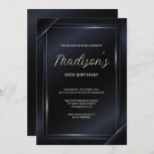 ラグジュアリーダークグレーバックグラウンドシルバーライン誕生日 招待状 (正面/裏面)