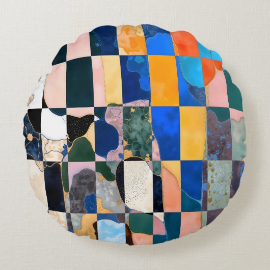 ラグジュアリーチェッカーボードカーテン ラウンドクッション (正面)