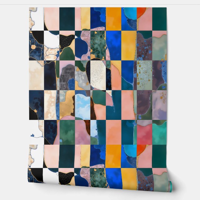 ラグジュアリーチェッカーボードカーテン 壁紙 (ほどく)