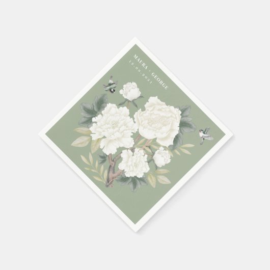 ラグジュアリーチノイスリーセージグリーンアイボリー結婚フローラ スタンダードカクテルナプキン (角)