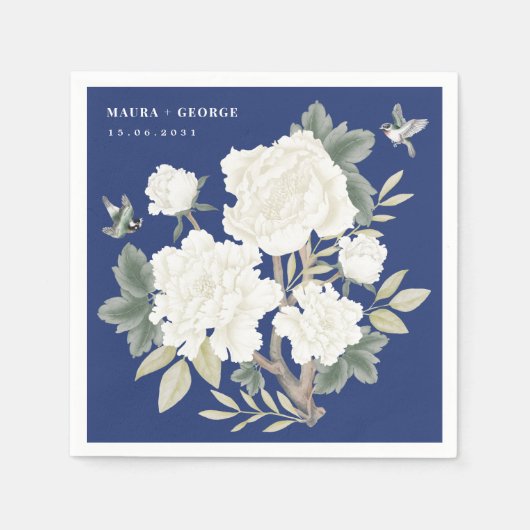 ラグジュアリーチノイスリーネイビーブルーアイボリー結婚フローラ スタンダードカクテルナプキン (正面)
