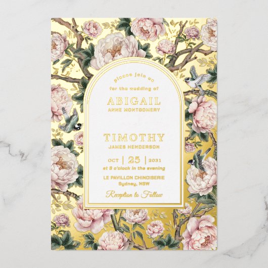 ラグジュアリーチノイスリー牡丹フローラ結婚バード 箔招待状 (正面)