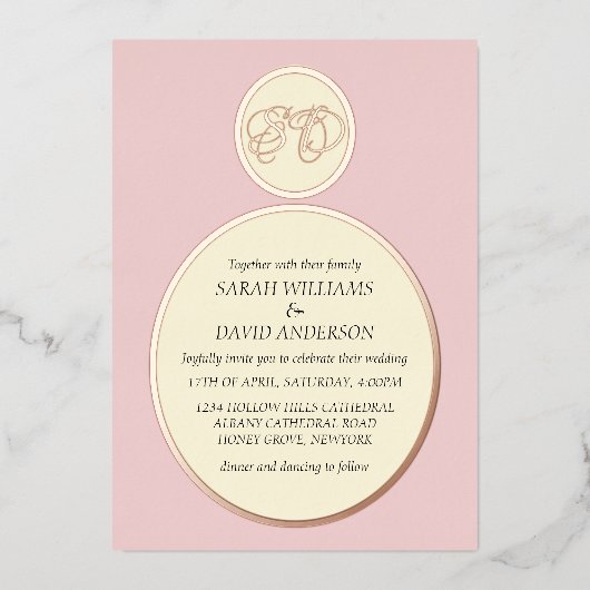 ラグジュアリーティーピンクローズ金ゴールドミニマルフォイル招待状 箔招待状 (正面)