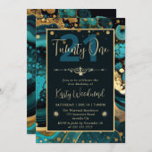 ラグジュアリーティール(緑がかった色)とゴールドフォイルアガテバースデーパーティー 招待状 (正面/裏面)
