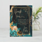 ラグジュアリーティール（緑がかった色）と金ゴールドフローラアガテバースデーパーティー サンキューカード (スタンド正面)
