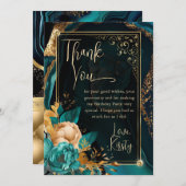 ラグジュアリーティール（緑がかった色）と金ゴールドフローラアガテバースデーパーティー サンキューカード (正面/裏面)