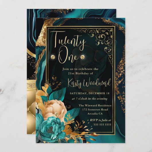 ラグジュアリーティール（緑がかった色）と金ゴールドフローラアガテバースデーパーティー 招待状 (正面/裏面)