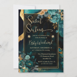 ラグジュアリーティール（緑がかった色）と金ゴールドフローラアガテSweet sixteen 招待状