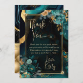 ラグジュアリーティール（緑がかった色）と金ゴールドフローラアゲートキンセアニェラ サンキューカード (正面/裏面)