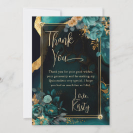 ラグジュアリーティール（緑がかった色）と金ゴールドフローラアゲートキンセアニェラ サンキューカード