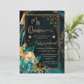 ラグジュアリーティール（緑がかった色）と金ゴールドフローラアゲートキンセアニェラ 招待状 (スタンド正面)