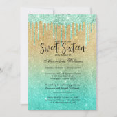 ラグジュアリーティール（緑がかった色）グラデーション金ゴールドグリッタードリップススイーツ16 招待状 (正面)