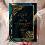 ラグジュアリーティール（緑がかった色）ゲート金ゴールド結婚フレーム 招待状