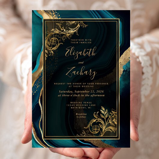 ラグジュアリーティール（緑がかった色）ゲート金ゴールド結婚フレーム 招待状