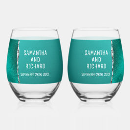 ラグジュアリーティール（緑がかった色）ターコイズシルバーグリッター結婚ズ ステムなしワイングラス