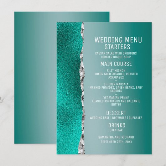 ラグジュアリーティール(緑がかった色)ターコイズシルバーグリッター結婚ズ メニュー (正面/裏面)