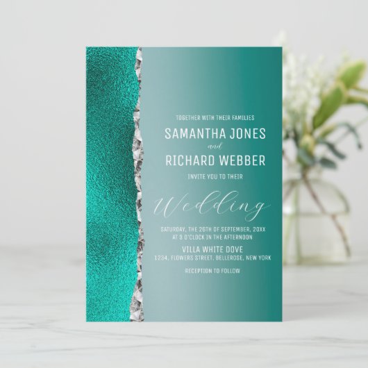ラグジュアリーティール(緑がかった色)ターコイズシルバーグリッター結婚ズ 招待状 (スタンド正面)
