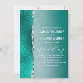 ラグジュアリーティール（緑がかった色）ターコイズシルバーグリッター結婚ズ 招待状