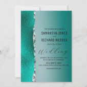 ラグジュアリーティール(緑がかった色)ターコイズシルバーグリッター結婚ズ 招待状 (正面)