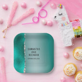 ラグジュアリーティール（緑がかった色）ターコイズシルバーグリッター ペーパープレート (パーティー)