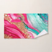 ラグジュアリーティール(緑がかった色)ピンク金ゴールドグリッター バスタオルセット (ハンドタオル)