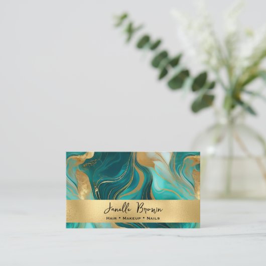 ラグジュアリーティール（緑がかった色）マーブルアンドゴールドフォイル 名刺 (スタンド正面)