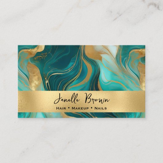 ラグジュアリーティール（緑がかった色）マーブルアンドゴールドフォイル 名刺 (正面)