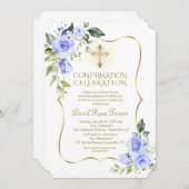 ラグジュアリーデリケートブルーフラワーズボーイ確認 招待状 (正面/裏面)