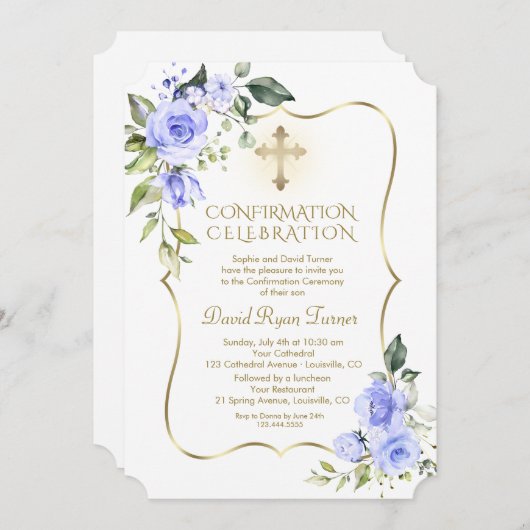 ラグジュアリーデリケートブルーフラワーズボーイ確認 招待状 (正面/裏面)