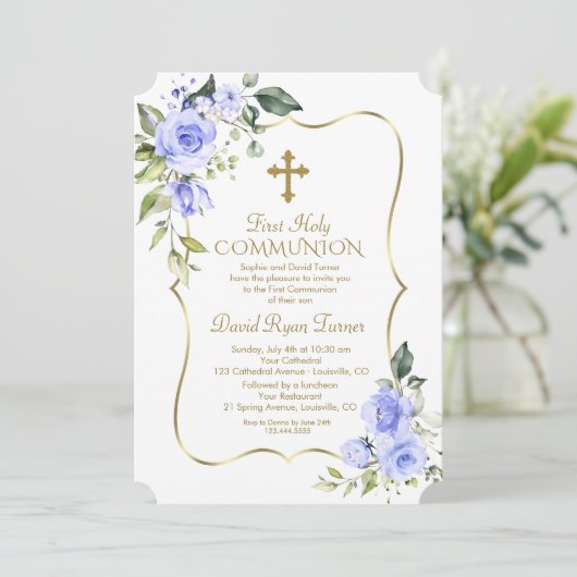 ラグジュアリーデリケートブルーフラワーファースト聖餐式 招待状 (スタンド正面)