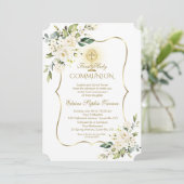 ラグジュアリーデリケートホワイトフローラ金ゴールド聖餐式 招待状 (スタンド正面)