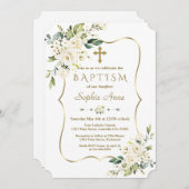 ラグジュアリーデリケート白い花金ゴールドクロスバプテスマ 招待状 (正面/裏面)