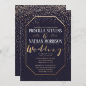 ラグジュアリートレンディー金ゴールド紙吹雪ネイビーブルー結婚ズ 招待状 (正面/裏面)