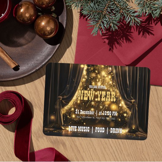 ラグジュアリーニューイヤーパーティーベルベットカーテンゴールデングロー 招待状