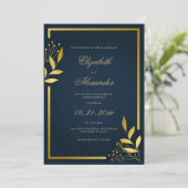 ラグジュアリーネイビーの青い金ゴールドの葉のフローラ結婚の 招待状 (スタンド正面)
