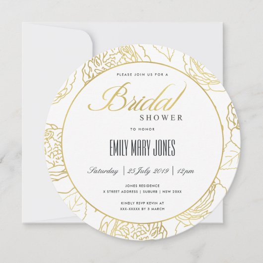 ラグジュアリーネイビーエレガント金ゴールドバラフローラブライダルシャワー 招待状 (正面)