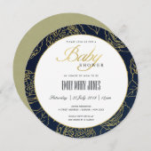 ラグジュアリーネイビーエレガント金ゴールドバラフローラベビーシャワー 招待状 (正面/裏面)