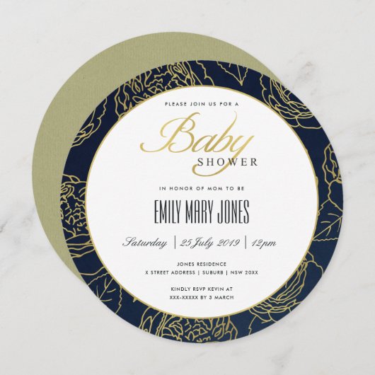 ラグジュアリーネイビーエレガント金ゴールドバラフローラベビーシャワー 招待状 (正面/裏面)