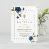 ラグジュアリーネイビーフローラ金ゴールドグリッタースパークルスバプテスマ 招待状 (スタンド正面)