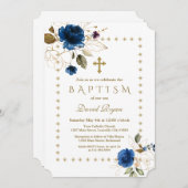 ラグジュアリーネイビーフローラ金ゴールドグリッタースパークルスバプテスマ 招待状 (正面/裏面)